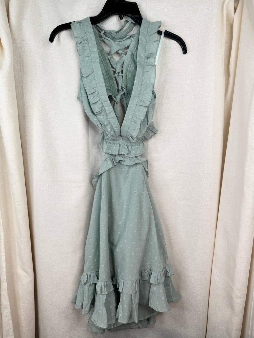 Selfie Leslie Dress Plunge Neck Open Lace Up Back Size L Sage Green Swiss Dot